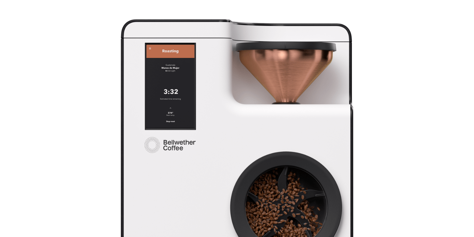 100% electric coffee roaster in action, sustainably roasting beans for smooth filter coffee.